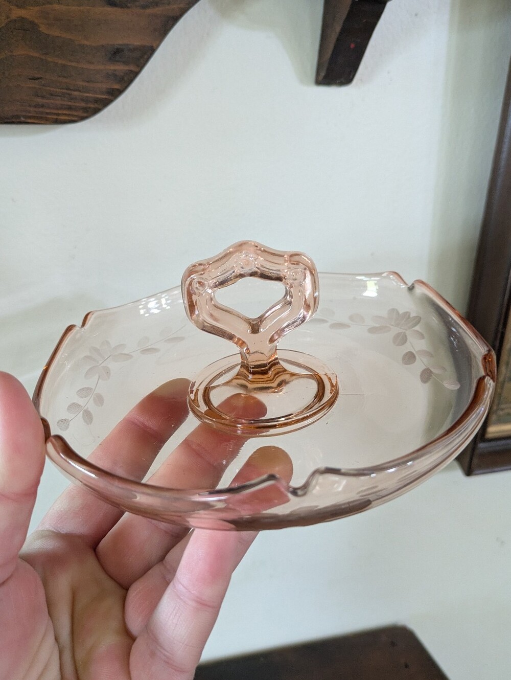 Vintage Pink Depression Glass Handled Tray Etched Floral Design 1930s Antique